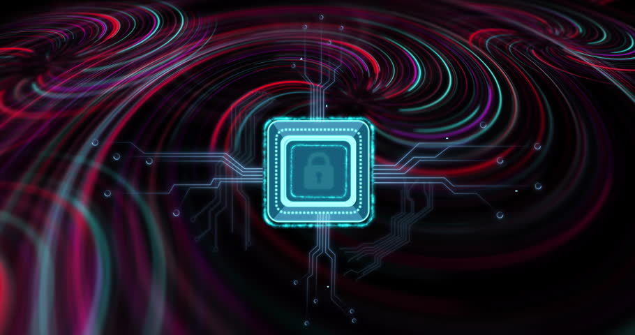 Cyan microchip square being animated amid swirling data trails with padlock and circuit traces. Technology, cybersecurity, innovation, digital, network, protection, data