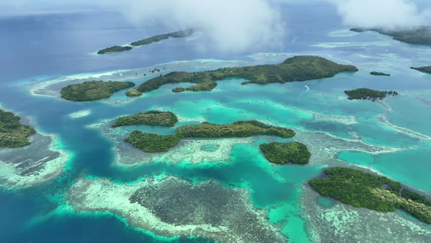 Healthy coral reefs and seagrass fringe the Garacie Islands near Halmahera, Indonesia. This beautiful area harbors spectacular marine biodiversity and is a popular place to dive.