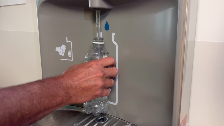 A man refills a plastic water bottle at a modern refill station, promoting sustainability and reducing the use of single-use plastic bottles in public spaces.	