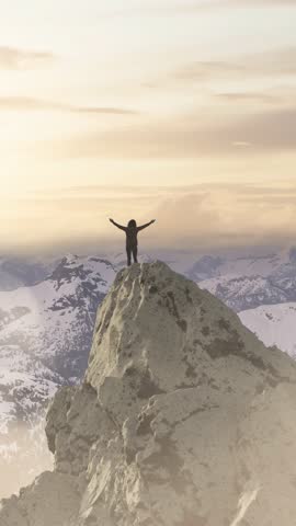 3D Rendering of Person on Mountain Peak with Arms Outstretched in Celebration of Achievement