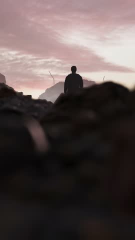 Lone Figure in Post-Apocalyptic Wasteland Contemplates Destroyed Civilization at Sunset