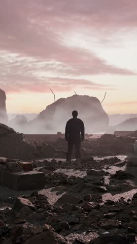 Lone Figure in Post-Apocalyptic Wasteland Contemplates Destroyed Civilization at Sunset