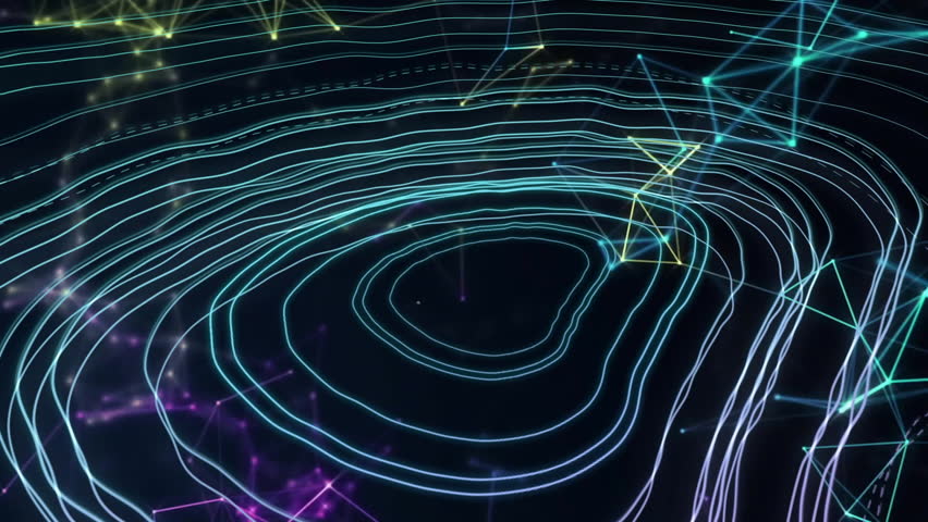 Showing glowing contour lines forming map shape on dark grid, featuring user-plus icons and nodes. Abstract, digital, futuristic, technology, innovation, connectivity, data
