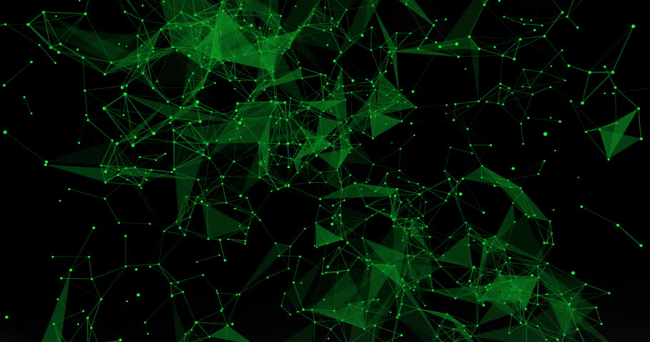 Green digital network mesh being animated in black backdrop, showing cloud plumes, nodes, meshes. Futuristic, technology, cyber, virtual, network, abstract, digital
