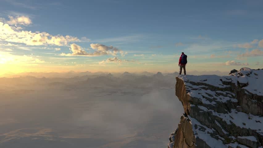 Hiker on Snowy Mountain Cliff Edge at Sunset: A 3D Rendering