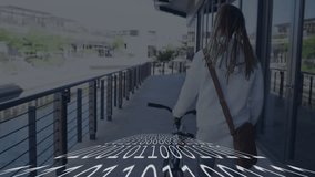 Man pushing bicycle along glass building walkway, showing binary code grid overlaying tech data. Urban, modern, technology, innovation, mobility, lifestyle, architecture - Powered by Shutterstock - Get 15% off with code: PIKWIZARD15