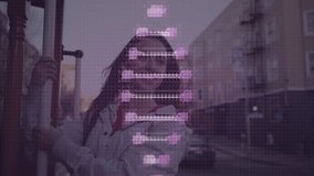 woman holding metal pole on urban sidewalk, showing pink holographic grid interface for tech design. Futuristic, technology, digital, urban, street, holographic, interface - Powered by Shutterstock - Get 15% off with code: PIKWIZARD15