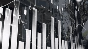 Woman walking along urban street, overlaying financial bar chart and candlestick graph elements. Urban, modern, informational, architectural, professional, cityscape, analytical - Powered by Shutterstock - Get 15% off with code: PIKWIZARD15