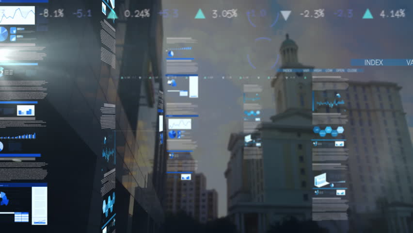 Floating financial data overlays animating over urban skyline, with pie charts, bar and line graphs. Financial analytics, data visualization, urban architecture, modern technology, business - Powered by Shutterstock - Get 15% off with code: PIKWIZARD15