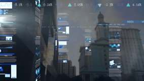 Floating financial data overlays animating over urban skyline, with pie charts, bar and line graphs. Financial analytics, data visualization, urban architecture, modern technology, business - Powered by Shutterstock - Get 15% off with code: PIKWIZARD15