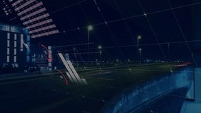 Financial panel dominating, showing pink gray pie charts with dotted lines over blurred night city. Technology, analytics, data visualization, metropolis, neon, modern, digital - Powered by Shutterstock - Get 15% off with code: PIKWIZARD15