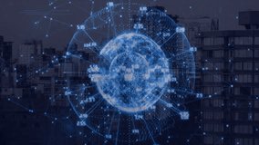 Technology globe showing network nodes with smartphone, chat icons and data streams over city. Digital infrastructure, smart technology, data analytics, urban innovation, cyber network, information - Powered by Shutterstock - Get 15% off with code: PIKWIZARD15