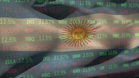 Sun of May emblem presenting market data over Argentine flag stripes, with red green ticker symbols. Patriotism, finance, digital art, stock exchange, national identity, economic growth, patriotic - Powered by Shutterstock - Get 15% off with code: PIKWIZARD15