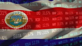 Costa Rican flag being overlaid with floating stock market data in animated flat design montage. National emblem, digital, innovation, finance, data visualization, patriotic, modern - Powered by Shutterstock - Get 15% off with code: PIKWIZARD15
