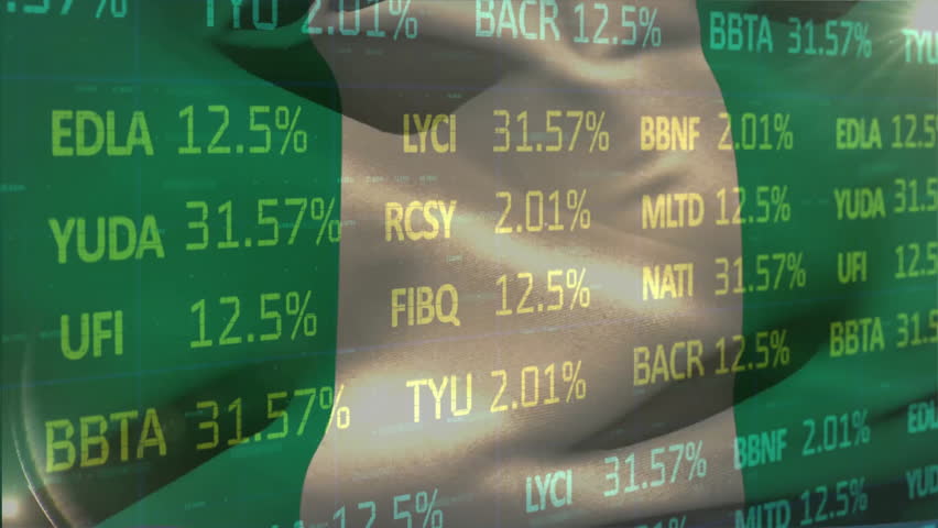 Hooded figure wearing grey mask over Nigerian flag while animating scrolling stock data. Mystery, cybersecurity, digital, symbolism, finance, technology, graphics - Powered by Shutterstock - Get 15% off with code: PIKWIZARD15