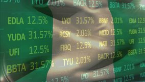 Hooded figure wearing grey mask over Nigerian flag while animating scrolling stock data. Mystery, cybersecurity, digital, symbolism, finance, technology, graphics - Powered by Shutterstock - Get 15% off with code: PIKWIZARD15
