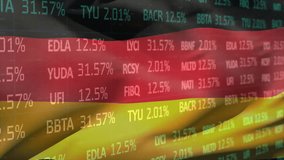 Translucent German flag waving over rolling stock tickers and flashing percentages in 3D render. Patriotism, finance, digitalart, technology, stockmarket, economy, motiongraphics - Powered by Shutterstock - Get 15% off with code: PIKWIZARD15