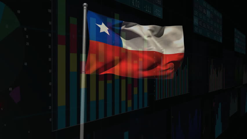 Chilean flag waving on metallic pole, displaying financial data overlays in 3D render environment. Patriotism, finance, digital, technology, analytics, stockmarket, data visualization - Powered by Shutterstock - Get 15% off with code: PIKWIZARD15