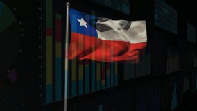 Chilean flag waving on metallic pole, displaying financial data overlays in 3D render environment. Patriotism, finance, digital, technology, analytics, stockmarket, data visualization - Powered by Shutterstock - Get 15% off with code: PIKWIZARD15