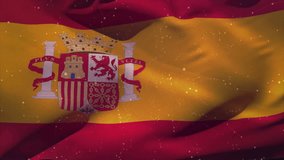 Spanish flag coat of arms waving beneath floating grid panels showing numbers and network lines. Patriotic, digital, futuristic, technology, government, innovation, abstract - Powered by Shutterstock - Get 15% off with code: PIKWIZARD15