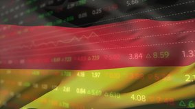 German flag flowing over stock tickers and colored line charts in flat design with dashed gridlines. Financial data, digital interface, stock exchange, economic growth, market analysis, corporate - Powered by Shutterstock - Get 15% off with code: PIKWIZARD15