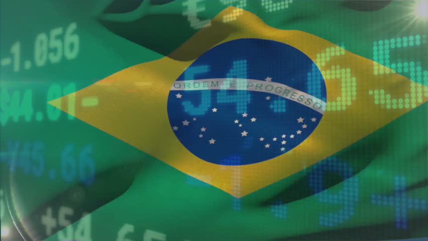Brazilian flag floating over financial dash, featuring currency icons and stock tickers. Patriotism, finance, technology, data visualization, digital interface, economic growth, globalization - Powered by Shutterstock - Get 15% off with code: PIKWIZARD15