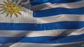 Uruguay flag waving in digital composite, showing candlestick charts and numeric data. Patriotism, digital, financial, data visualization, technology, economy, movement - Powered by Shutterstock - Get 15% off with code: PIKWIZARD15