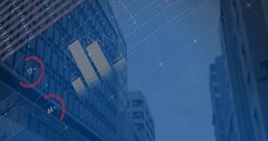 Glass skyscraper displaying financial infographics with candlestick bars and vertical bar graphs. Urban, skyscraper, finance, technology, data, modern, corporate - Powered by Shutterstock - Get 15% off with code: PIKWIZARD15