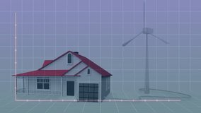3D-rendered house blending into abstract grid scene, featuring data beams and wind turbine. Architecture, innovation, sustainability, technology, modern, urban, digital art - Powered by Shutterstock - Get 15% off with code: PIKWIZARD15