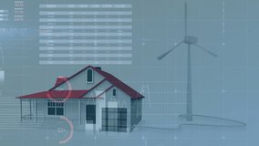 3D-rendered house model showing wind turbine model with data overlays pie charts line graphs. Architecture, data visualization, smart home, renewable energy, digital interface, 3d modeling, - Powered by Shutterstock - Get 15% off with code: PIKWIZARD15