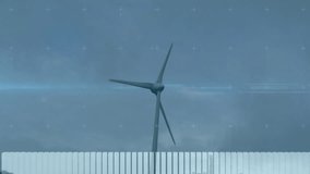 Wind turbine spinning against blue background, displaying digital bars, gauges, waveform. Renewable, technology, data, analytics, sustainability, innovation, abstract - Powered by Shutterstock - Get 15% off with code: PIKWIZARD15