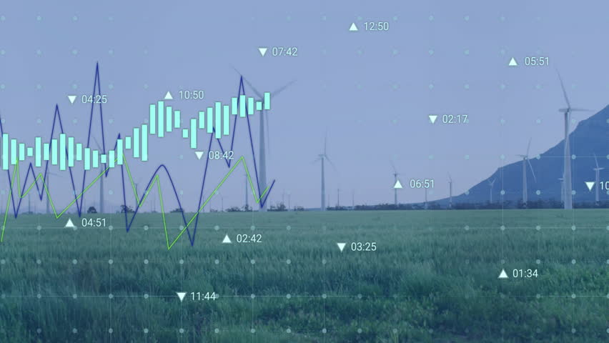 Wind turbines spinning over green field, financial chart climbing with time markers in flat design. Renewable energy, sustainability, technology, data visualization, environmental, clean power, - Powered by Shutterstock - Get 15% off with code: PIKWIZARD15