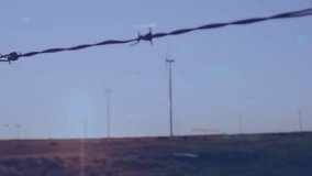 Wind turbine rotating on grassland plain, displaying digital HUD overlay in 3D render. Renewable energy, sustainability, technology, future, eco-friendly, innovation, vast landscape - Powered by Shutterstock - Get 15% off with code: PIKWIZARD15