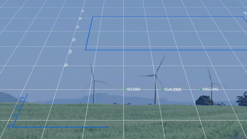 Wind turbines being visualized in 3D animation, showing blue grid with line, bar and pie charts. Renewable, sustainability, technology, visualization, energy, ecofriendly, digital - Powered by Shutterstock - Get 15% off with code: PIKWIZARD15