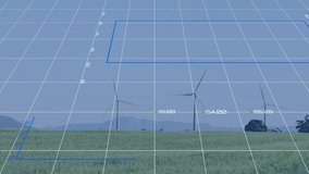 Wind turbines being visualized in 3D animation, showing blue grid with line, bar and pie charts. Renewable, sustainability, technology, visualization, energy, ecofriendly, digital - Powered by Shutterstock - Get 15% off with code: PIKWIZARD15