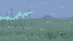 Wind turbines rotating over green field pale candlestick bars and line graphs overlaying horizon. Eco, renewable, analytics, investment, sustainability, technology, forecasting - Powered by Shutterstock - Get 15% off with code: PIKWIZARD15