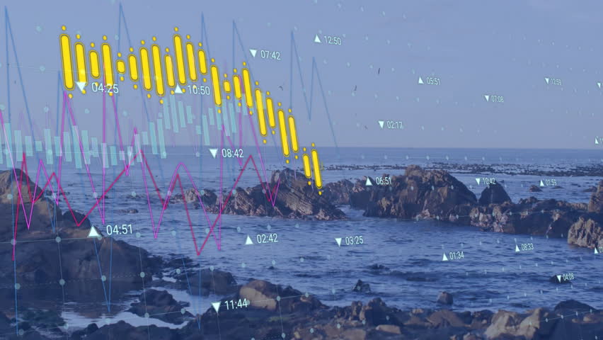 Displaying yellow candlesticks, purple line graph and teal bars over shoreline with time markers. Seascape, data visualization, financial analytics, coastal landscape, technology, graphical interface, - Powered by Shutterstock - Get 15% off with code: PIKWIZARD15