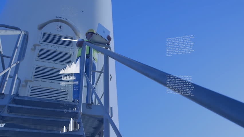 man wearing hard hat and vest inspecting wind turbine platform, with renewable energy data overlays. Industrial, technology, safety, engineering, cleanenergy, analytics, outdoor