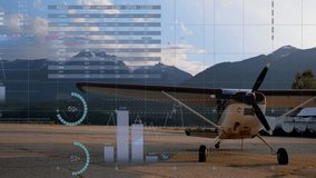 Single-engine plane being visualized on tarmac while pie bar line charts overlay world map. Aviation, analytics, visualization, technology, transportation, landscape, outdoors - Powered by Shutterstock - Get 15% off with code: PIKWIZARD15