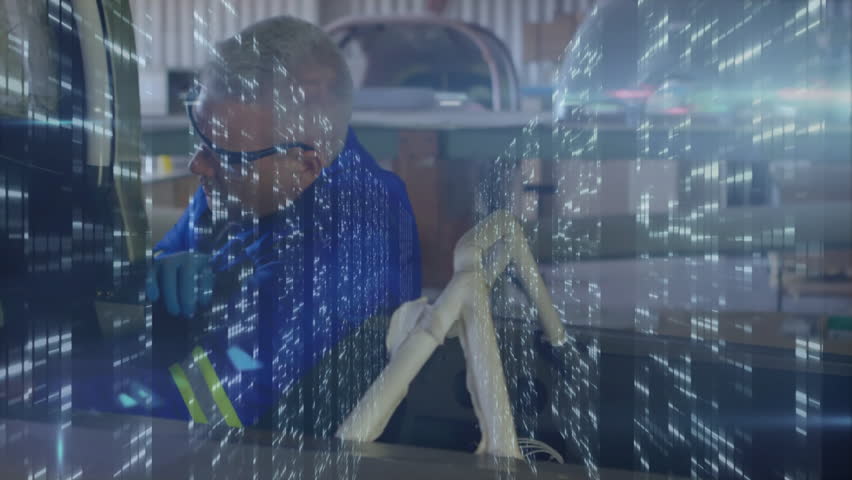 Mechanic inspecting car interior in auto workshop, with animated wiring diagram and data overlay. Industrial, technical, engineering, machinery, innovation, precision, technology