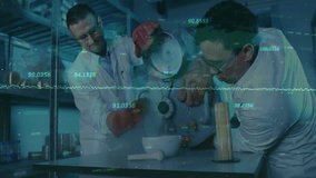 Two lab technicians pouring granular substance and adjusting apparatus, with floating data overlay. Scientists, innovation, precision, experimentation, scientific, technology, collaboration - Powered by Shutterstock - Get 15% off with code: PIKWIZARD15