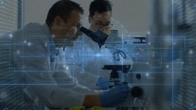 Two male scientists adjusting microscope in research lab, showing floating digital data overlay. Research, innovation, precision, instrumentation, biotechnology, analytics, scientific - Powered by Shutterstock - Get 15% off with code: PIKWIZARD15