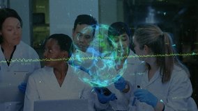 scientists analyzing data on laptop in research lab, with holographic globe overlay and test tubes. Research, collaboration, innovation, futuristic, technology, discovery, advancement - Powered by Shutterstock - Get 15% off with code: PIKWIZARD15