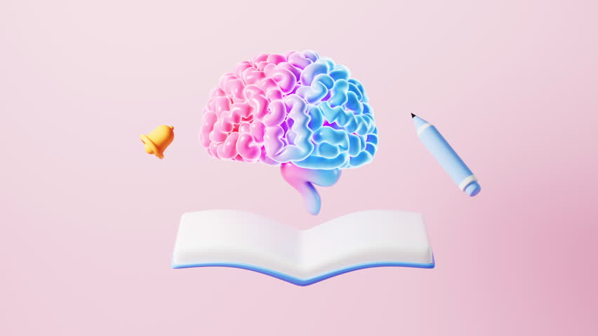 Human brain and books, Learn and innovate concepts, 3d rendering. Motion Graphic.