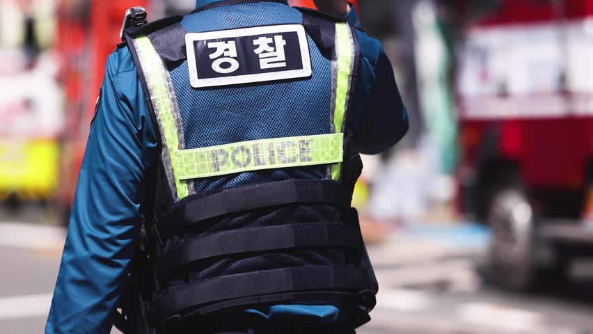 Korean police squad formation in uniform with "Police" logo, policemen maintain order and regulate traffic on incident and fire blaze site, crime scene, rescue operation in Busan city, South Korea 