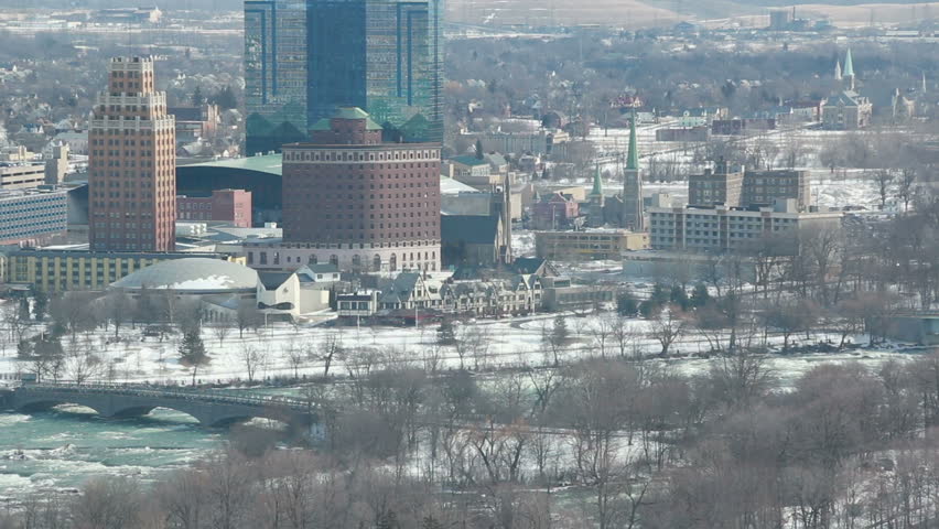 Buildings of the city of Niagara Falls, New York, United States during a cold winter day in February, 2014. As viewed from a high point on the Canadian side of the border along the Niagara River.