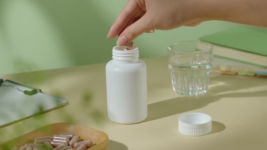 Unlabeled plastic pill bottle, open and brown pills peeking out from the opening. A hand reaches in and takes a pill out of the bottle. A glass of water behind with some notebooks and papers.