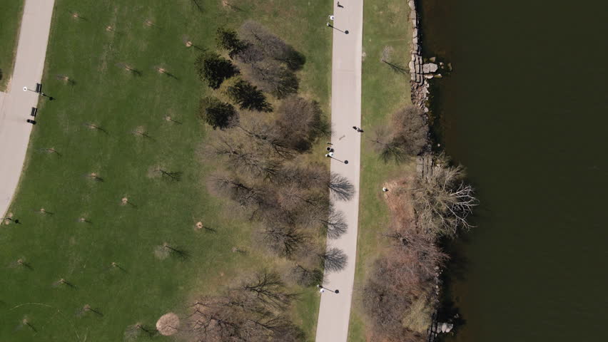 Aerial View Of Bayfront Park On Burlington Bay In Hamilton, Ontario, Canada. topdown shot