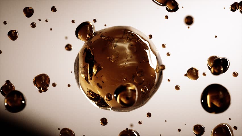 Close up of Vibrant Orange Molecules Liquid Bubbles in Golden Background Creating Mesmerizing Abstract Pattern with Dynamic Fluidity and Reflective Surfaces