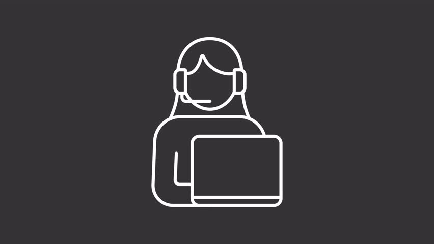 Receptionist white line animation. Customer support animated icon. Shaking head, headphones. Call center. Help, assistance. Isolated element on dark background. Alpha transparent video - Powered by Shutterstock - Get 15% off with code: PIKWIZARD15